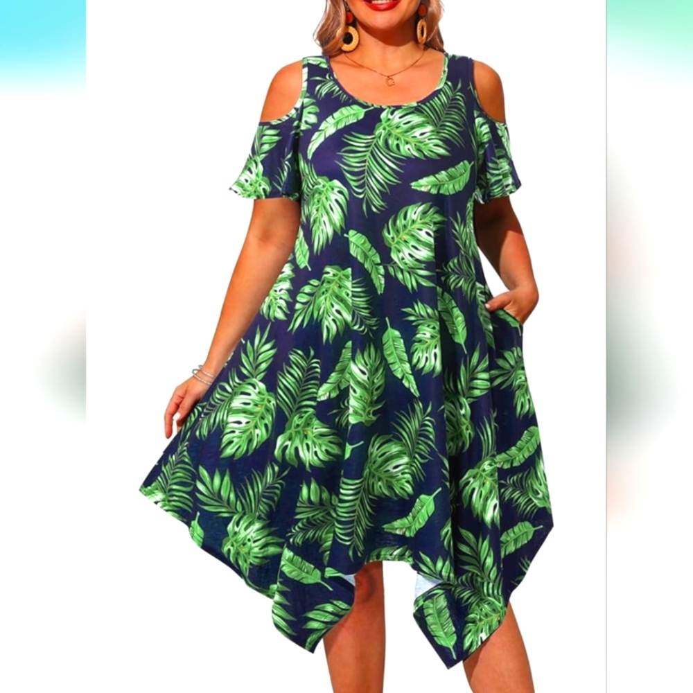 Hawaiian Palm Leaf Print Cold Shoulder Dress